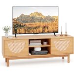 Costway - meuble tv en bois, meuble tl 2 tiroirs tisss en bambou, 2 etagres ouvertes, 2 passe - cbles, ...