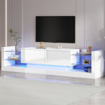 Meuble tv brillant avec �clairage led 181cm, pour t�l�viseur jusqu'� 80 pouces, panneaux de verre, 2 ...