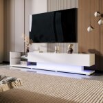 Meuble tv brillant  clairage led, commode tv avec 2 grands tiroirs + tagres en verre, design moderne, ...