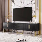 Meuble tv brillant porte � texture grav�e, commode tv avec 4 compartiments de rangement et 2 tiroirs, ...