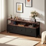 Meuble tv - buffet �clairage rgb - m�tal industriel - bois tigr� - 3 tiroirs noir