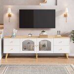 Neche - meuble tv dco avec rangement, 2 portes en verre tremp et 4 tiroirs, en bois d'origine blanc, ...