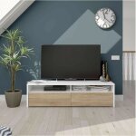 Meuble tv multim�dia avec 2 portes pliantes en artik white et ch�ne canadien 130 cm