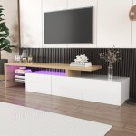 Neche - meuble tv design moderne lgant, 3 portes blanc brillant, tagres en verre, clairage led, ...