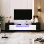 Meuble tv �l�gant, mod�le bas. blanc et noir laqu�, 200 cm, �clairage led. mobilier de salon. design ...