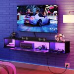 Meuble tv flottant 140 cm avec 3 prises et 2 ports usb console de divertissement murale avec bande led ...