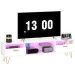 Meuble tv - homcom - led rgb de 16 couleurs - 2 tiroirs et �tag�re ouverte - mdf - 160x35x42cm - blanc ...