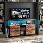 Meuble tv led 137x30x78cm - 4 tiroirs, 2 compartiments et �tag�re - tissu cuir et m�tal noir - marron ...