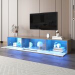 Meuble tv led 180x35x30cm avec 3 portes, adapt pour tv 60 pouces, agglomr, couleur blanc et naturel ...