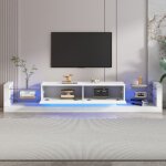 Meuble tv avec led - 2 compartiments abattants et tagres en verre - blanc