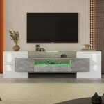 Meuble tv led 200 cm, meuble bas gris avec plateau en verre, design moderne, mdf, finition blanc brillant, ...