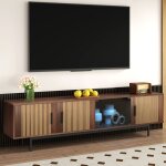 Meuble tv led 200x35x53cm avec 4 portes, 1 verre tremp, mdf et agglomr, marron / noir