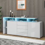 Modfu - meuble tv led blanc 160 x 35 x 70 cm, vitrine avec 4 tiroirs et 2 portes, commode, buffet, panneaux ...