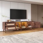 Meuble tv marron 180 cm pour tlviseur 80' - avec 2 tiroirs en rotin, 2 portes vitres cintres et 1 ...