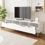 Meuble tv moderne 180 x 40 x 50 cm avec clairage led, structure blanche, pieds en mtal dor, faade ...