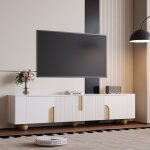 Meuble tv moderne 180x40x44cm, d�cor couleur naturelle, 4 portes, masse de marbre, pieds en bois, mdf, ...