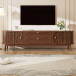 Meuble tv moderne aspect bois, rangement avec tiroirs, coins arrondis pieds bois, 170x39. 5x46 cm, noyer ...