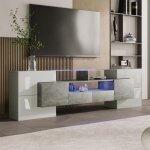 Meuble tv moderne, blanc et gris laqu�s, avec �clairage led, 6 portes, 2 tiroirs, meuble de salon, 200 ...