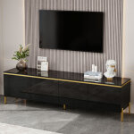 Meuble tv moderne avec surface brillante, quatre portes et syst�me de gestion des c�bles.