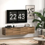 Meuble tv mural marron pour �cran plat jusqu'� 65 , 3 portes coulissantes, dimensions 150x35x32 cm, rangement ...