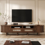 Meuble tv noyer 170 x 40 x 40 cm avec 2 tiroirs en rotin - 2 portes coulissantes - buffet bas table tv ...