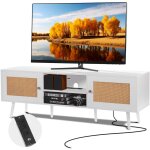 Meuble tv en rotin pour televiseur de 65 pouces, banc tv boheme porte en rotin, centre de divertissement ...