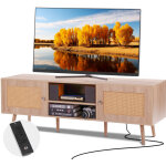Meuble tv en rotin pour televiseur de 65 pouces, banc tv moderne milieu du siecle boheme, console tv ...