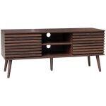 Meuble tv scandinave avec 2 portes décor bois noyer rainuré et 1 niche centrale avec étagère l120cm Meuble tv scandinave avec 2 portes décor bois noyer rainuré et 1 niche centrale avec étagère l120cm