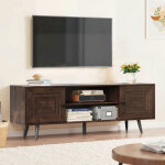 Meuble tv, support pour t�l�viseur jusqu?� 65 pouces, avec �tag�res r�glables, portes imitation grange, ...