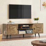 Meuble tv, support pour t�l�viseur jusqu?� 65 pouces, avec �tag�res r�glables, portes imitation grange, ...