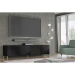 Meuble tv surf 200 cm 4d fraisage laqu� noir sur + pieds dor�es