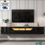 Modfu - meuble tv suspendu 180cm - avec 3 compartiments de rangement - lumire led - convient aux tlviseurs ...
