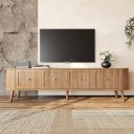 Meuble tv, meuble tele bas avec rangement 4 portes, poign�e dor�e, mdf / panneaux de particules, naturel, ...