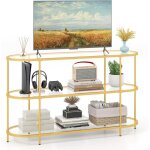 Costway - meuble tv en verre tremp�, meuble t�l� 3 niveaux pour 65 pouces, console tv design ovale, meuble ...