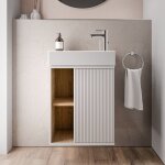 Meuble vasque bleu azur mat de salle de bain 55x24x59cm (lxpxh) 1 porte  droite + 2 cases rangement ...