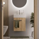 Meuble vasque lave - main chne miel 45x35x50cm (lxpxh) 1 tiroir + rangement droite + poigne chrome ...