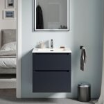Meuble vasque lave - main suspendu mdf bleu nuit mat 60x46x62cm 2 tiroirs, lavabo c�ramique blanc + bonde ...