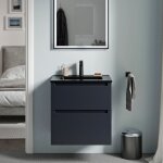 Meuble vasque lave - main suspendu mdf bleu nuit mat 60x46x62cm 2 tiroirs, lavabo cramique noir + bonde ...
