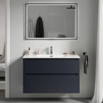 Meuble vasque lave - main suspendu mdf bleu nuit mat 80x46x62cm 2 tiroirs, lavabo cramique blanc + bonde ...