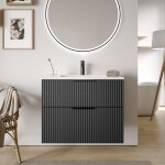 Bernstein - meuble vasque noir mat stri� de salle de bain 80x46x62cm (lxpxh) 2 tiroirs, poign�es noir ...