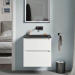 Meuble vasque suspendu salle de bain mdf blanc mat, lavabo fonte minérale noir mat sans trou robinet, ... Meuble vasque suspendu salle de bain mdf blanc mat, lavabo fonte minérale noir mat sans trou robinet, ...