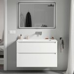Meuble vasque suspendu salle de bain mdf blanc mat, lavabo fonte minrale blanc mat sans trou robinet, ...