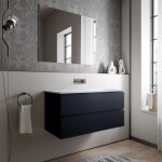 Meuble vasque suspendu salle de bain mdf bleu fonc mat, lavabo fonte minrale blanc mat, sans trou robinet ...
