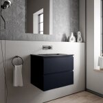 Meuble vasque suspendu salle de bain mdf bleu fonc mat, lavabo fonte minrale noir mat, sans trou robinet ...