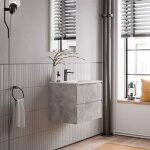 Meuble vasque suspendu salle de bain mdf gris béton, lavabo céramique blanc brillant + trou robinet, ... Meuble vasque suspendu salle de bain mdf gris béton, lavabo céramique blanc brillant + trou robinet, ...