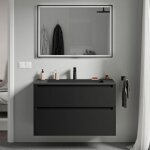 Meuble vasque suspendu salle de bain mdf noir mat, lavabo fonte minrale noir mat + trou robinet, tiroirs ...