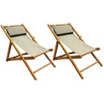 Meubletmoi - lot 2 chaises longues chiliennes teck et toile vert sauge - ancolie
