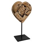 Sculpture h. 28 cm c?ur en bois de teck et socle m�tal noir - judith 2