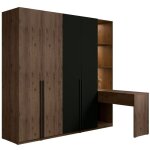 Meublorama - armoire 4 portes avec coiffeuse int�gr�e norvik ? noyer et noir ? miroir, led et rangements ...