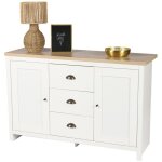 Buffet avec 2 portes et 3 tiroirs design colonial ? 119x39, 5xh77 cm, coloris blanc et plateau chne ...